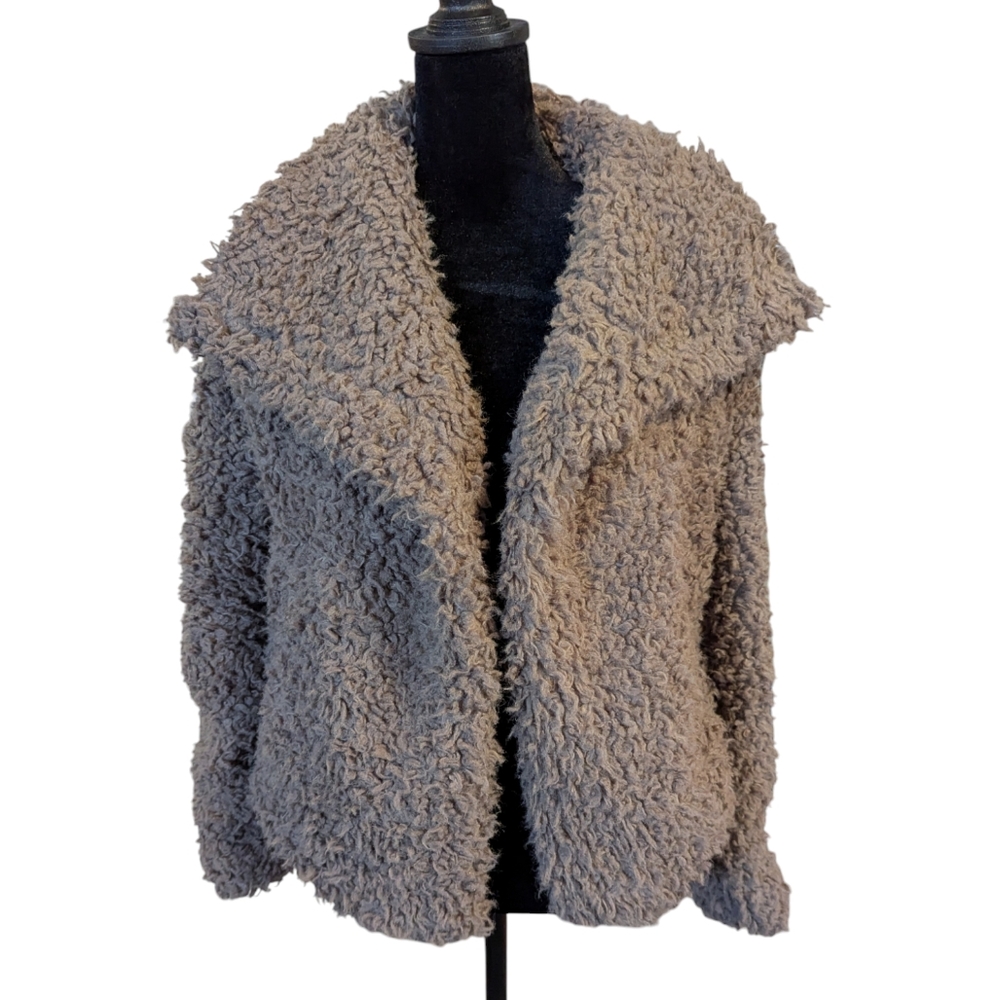 Olivaceous M Teddy Bear Open Front Jacket Coat Brown Boho